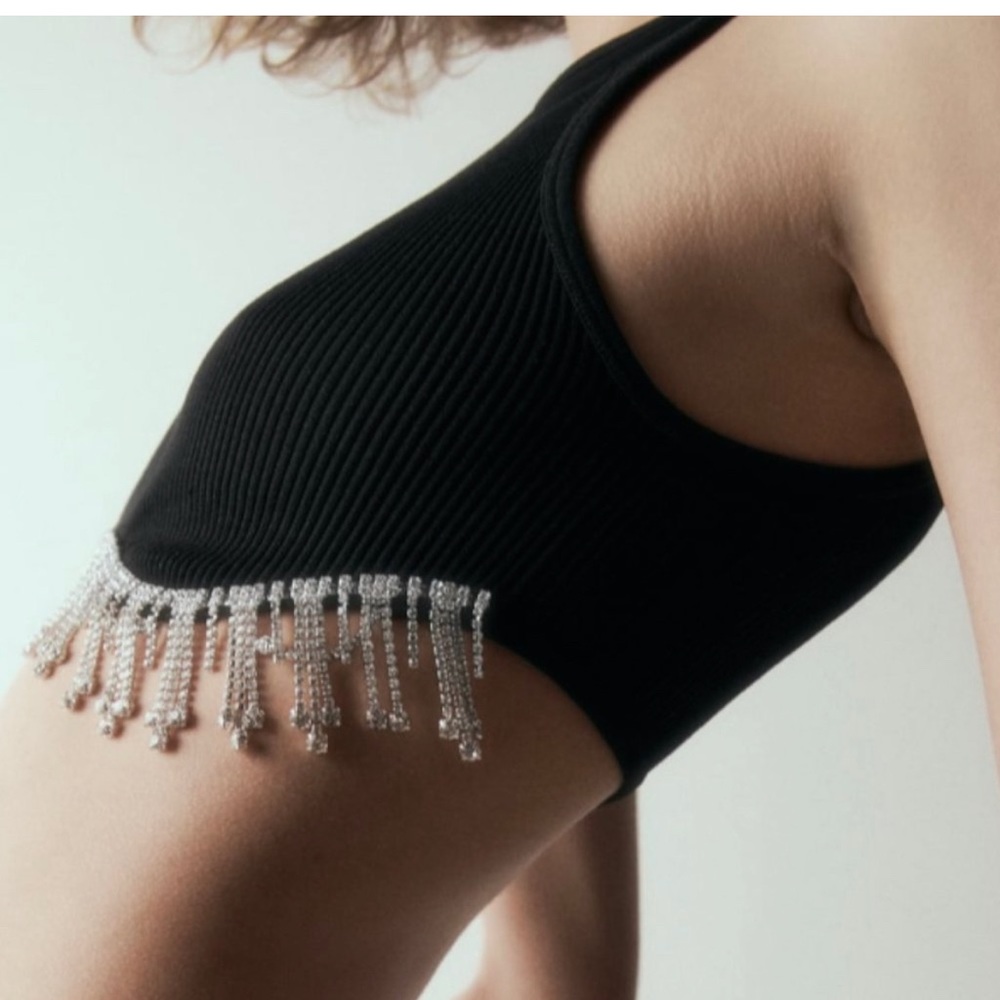 Zara Womens Black Sleeveless high neck top. Jewel appliqué at hem.Black - Picture 2 of 10